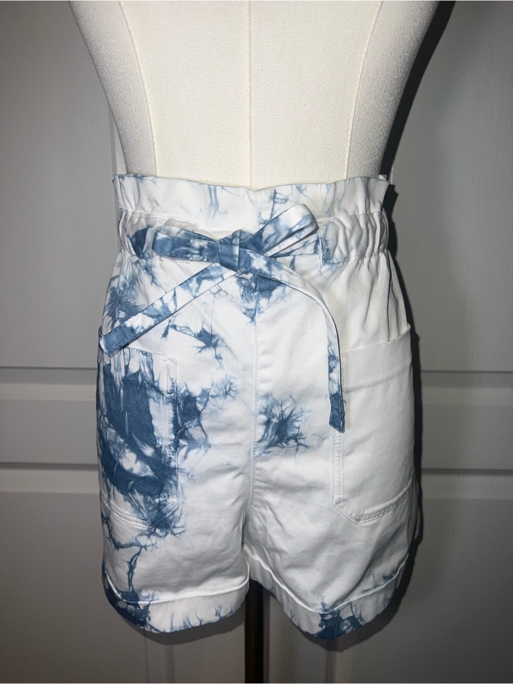 Zara White and Blue Tie-Dye High Waist Shorts